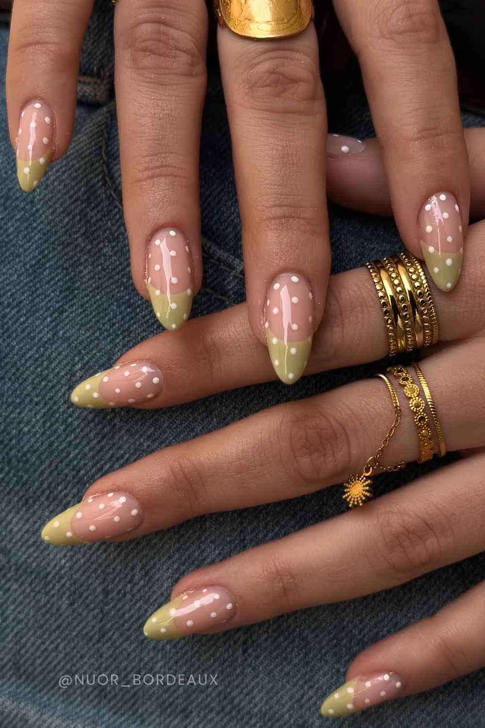 Pistachio green French mani with polka dots