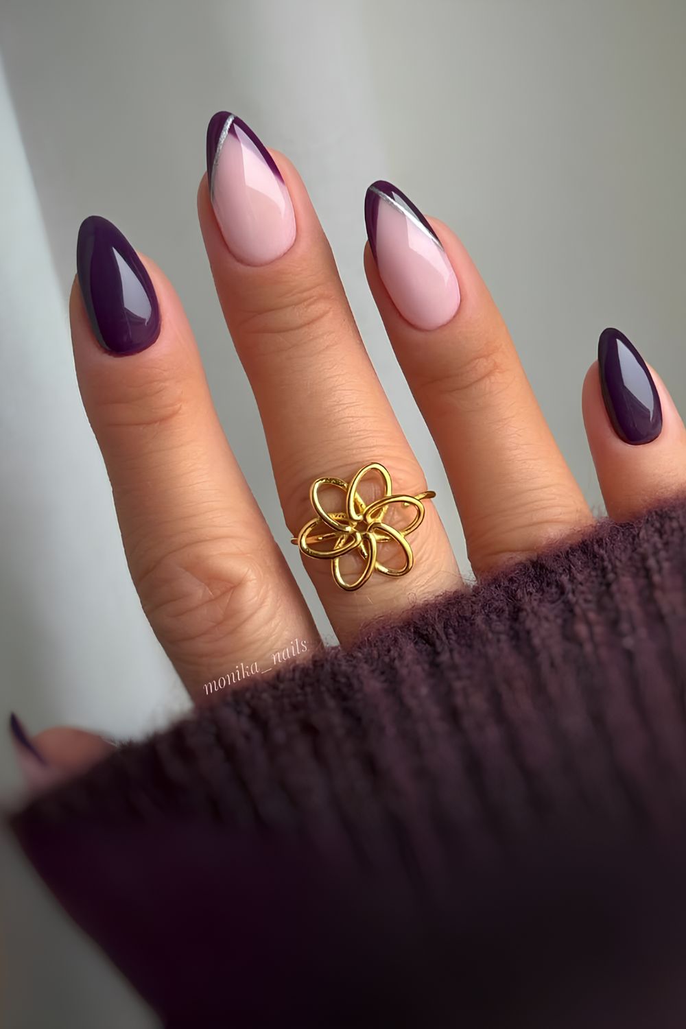 Plum nails with accent French tips and silver lines