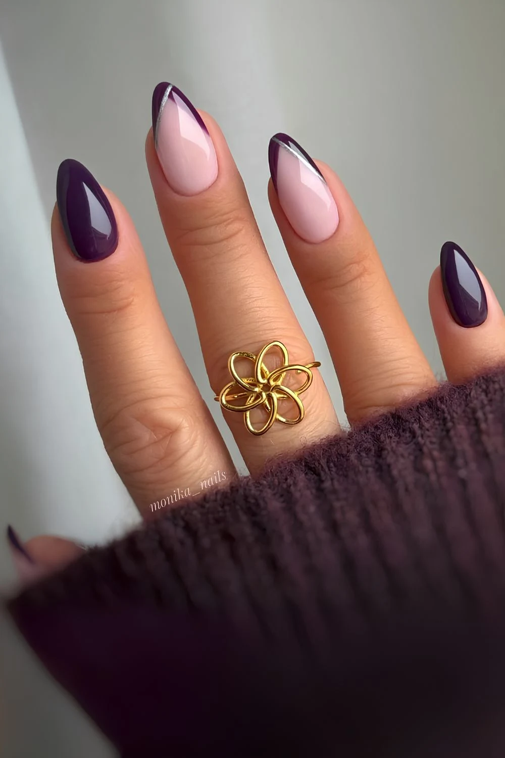 Plum nails with accent French tips and silver lines