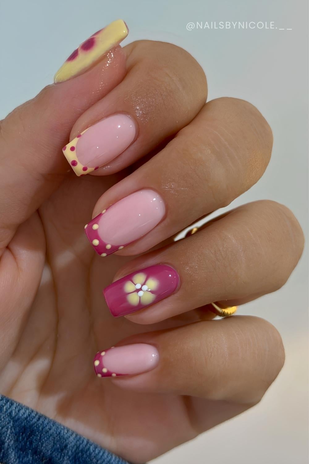 Raspberry pink and yellow mani with dots and flowers