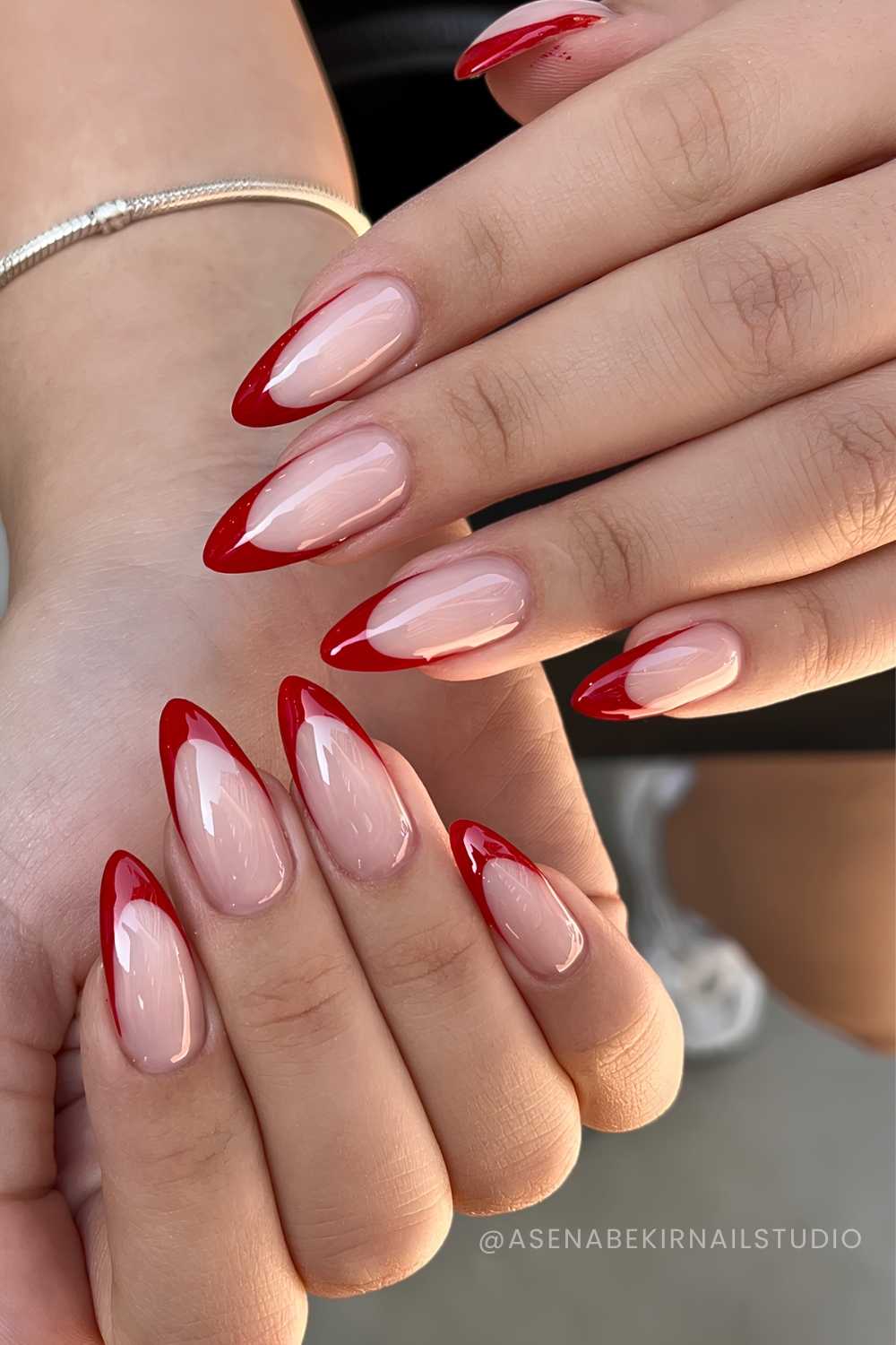 Red almond French tip mani