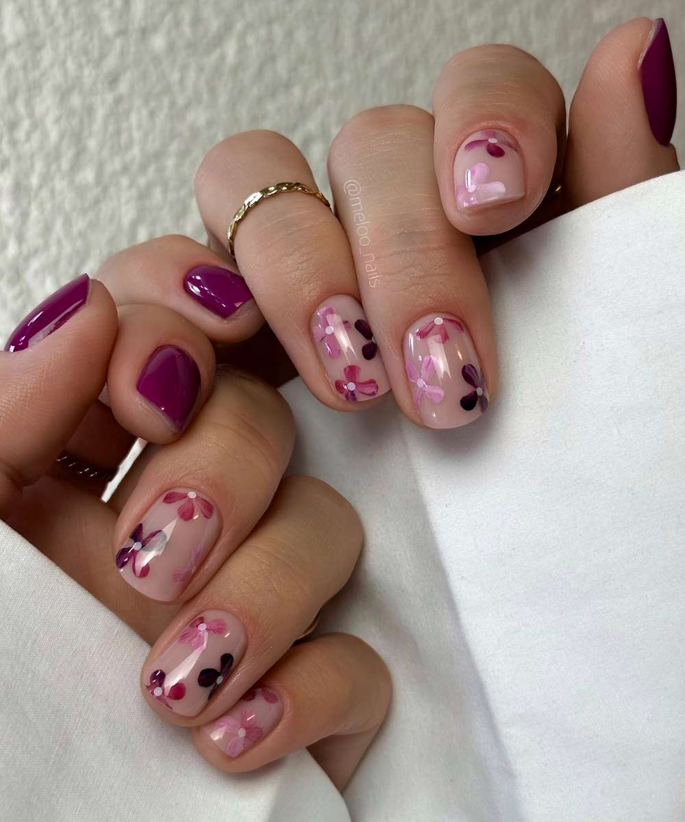 Short deep mauve floral nails