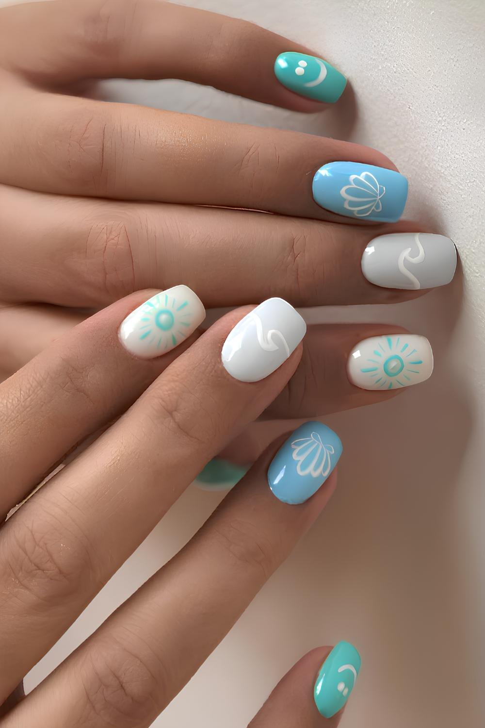 Short summer nails with beachy doodles