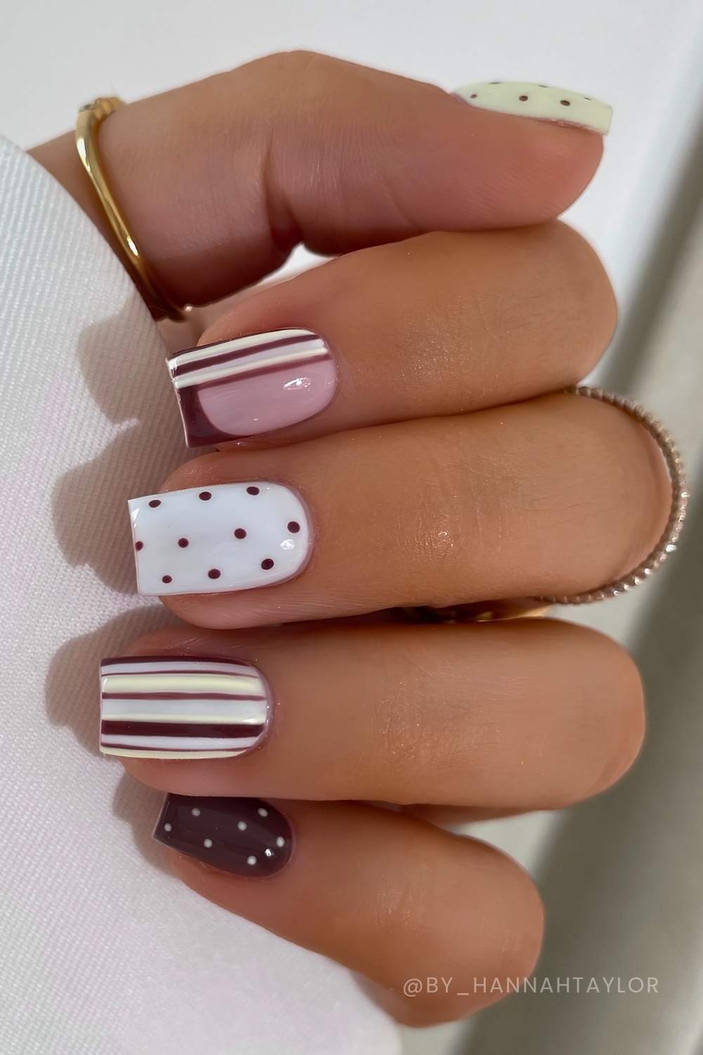 Square blue and brown mani with mixed pattern art