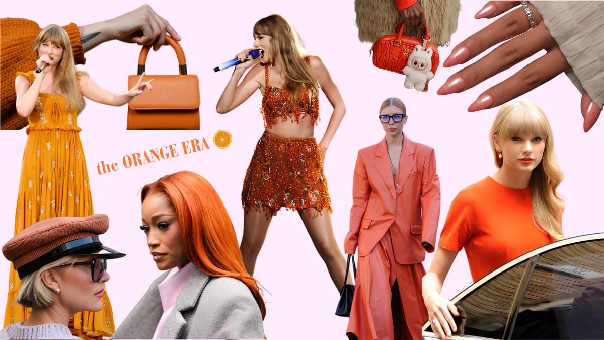 A collage of Taylor Swift orange color trend