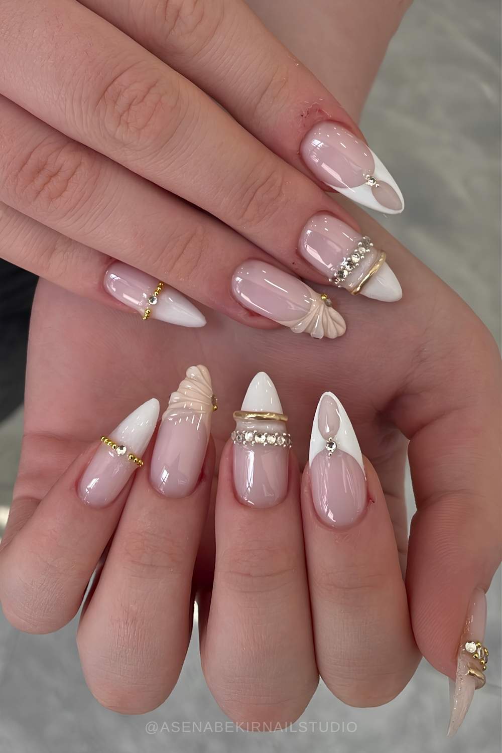 White and beige French mani with bangle art