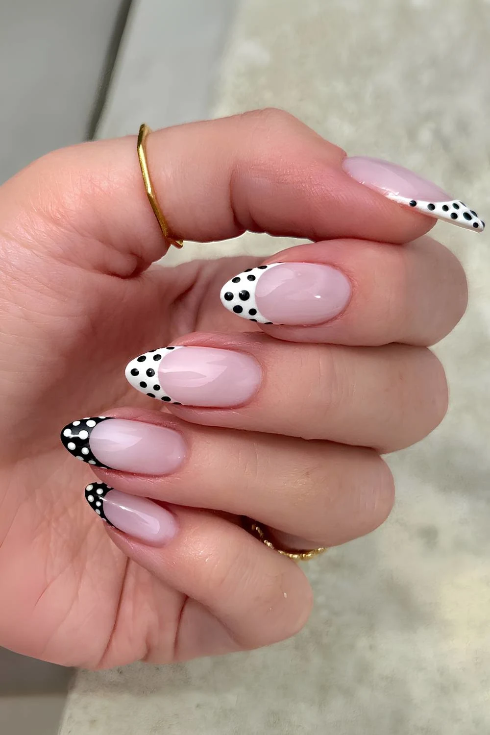 White and black French mani with polka dots