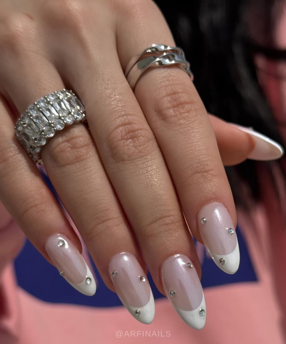 White chrome Frenchies with rhinestones