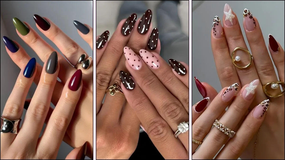 A collage of almond-shaped nail designs for fall