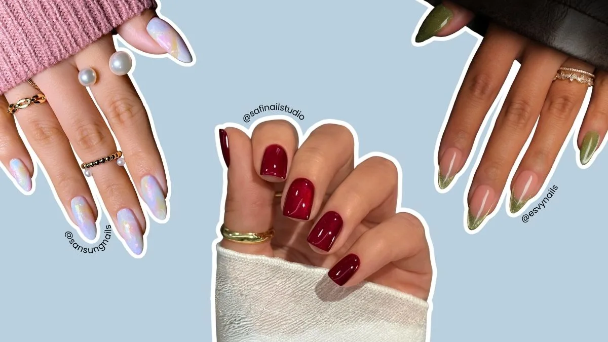 A collage if birthstone-inspired nail designs