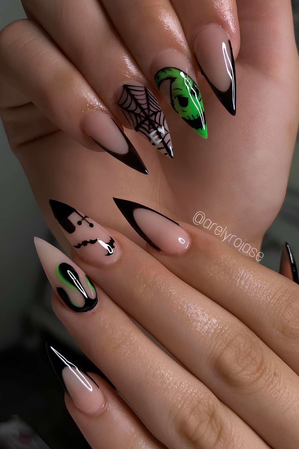 Black and green monster themed French nails