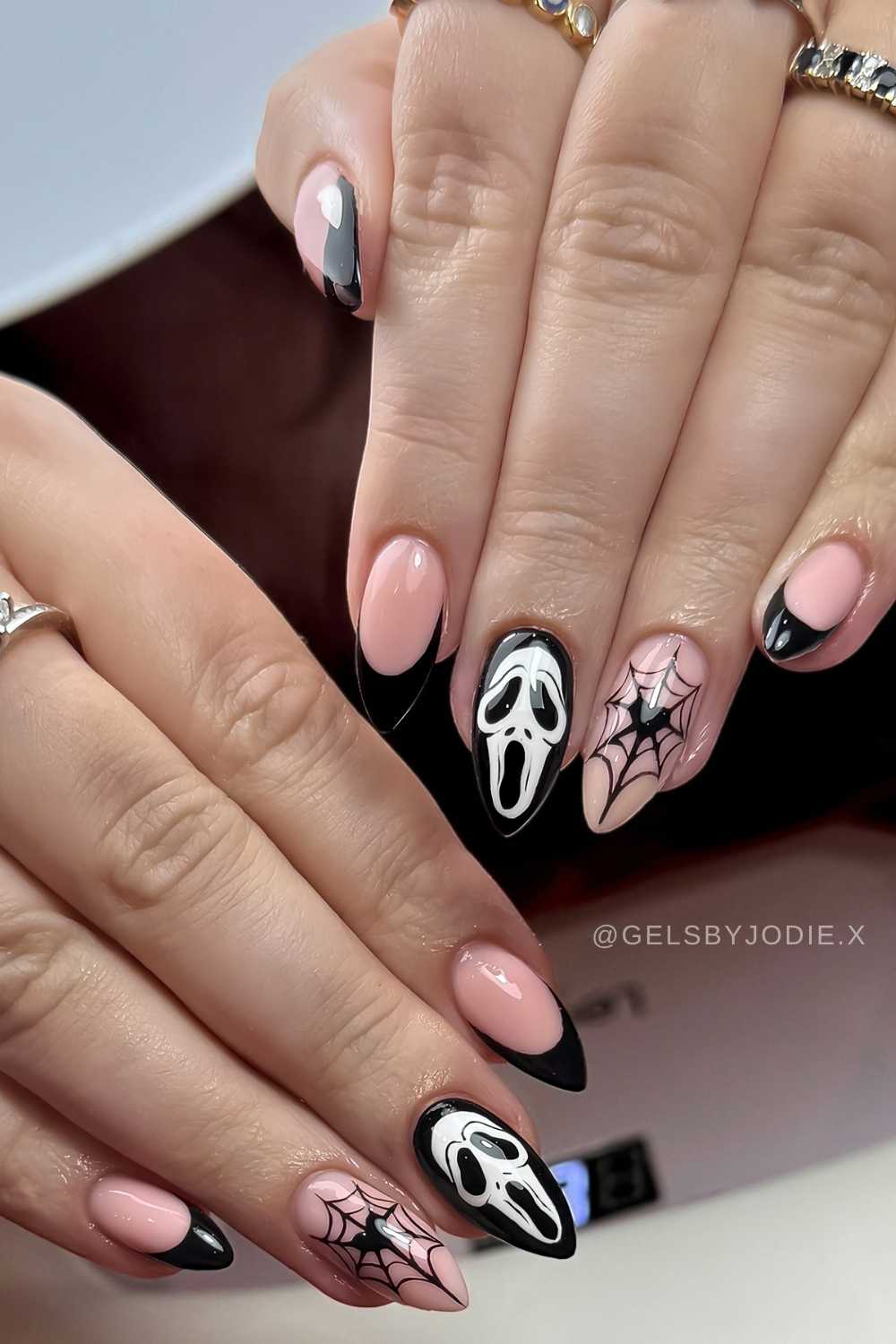 Black and white Ghostface nail art