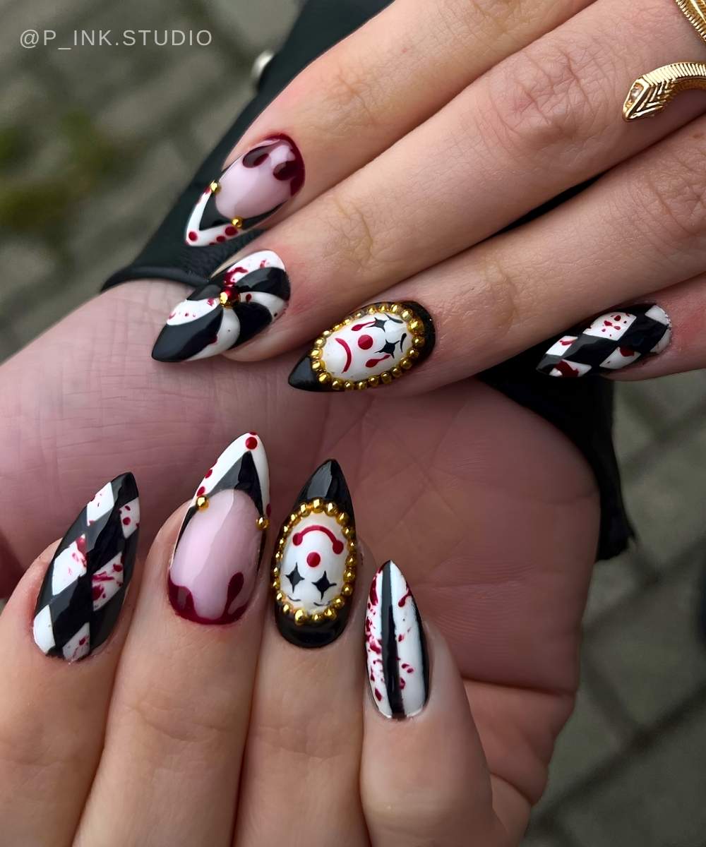 Black and white harlequin clown nails