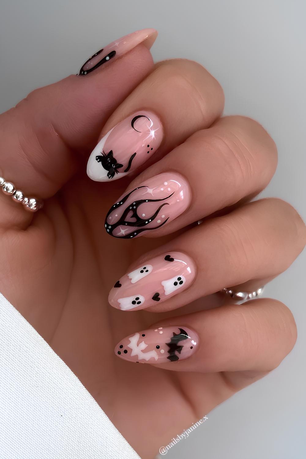 Black and white mix and match Halloween manicure