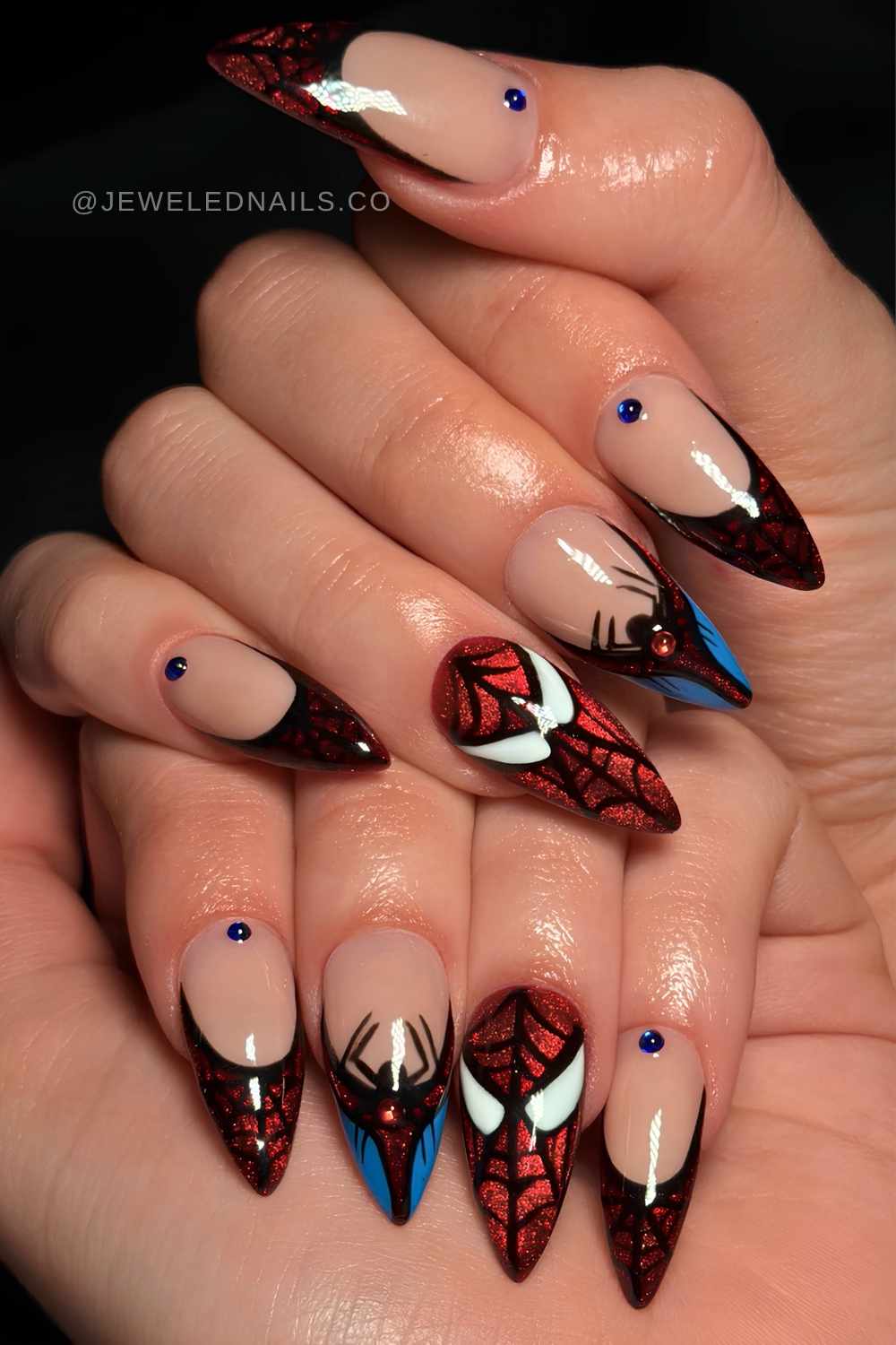 Blue and red cat eye Spiderman nails