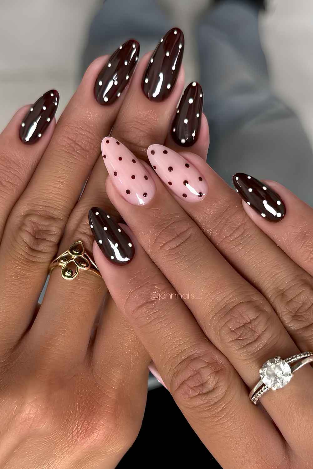 Brown and nude polka dot nails