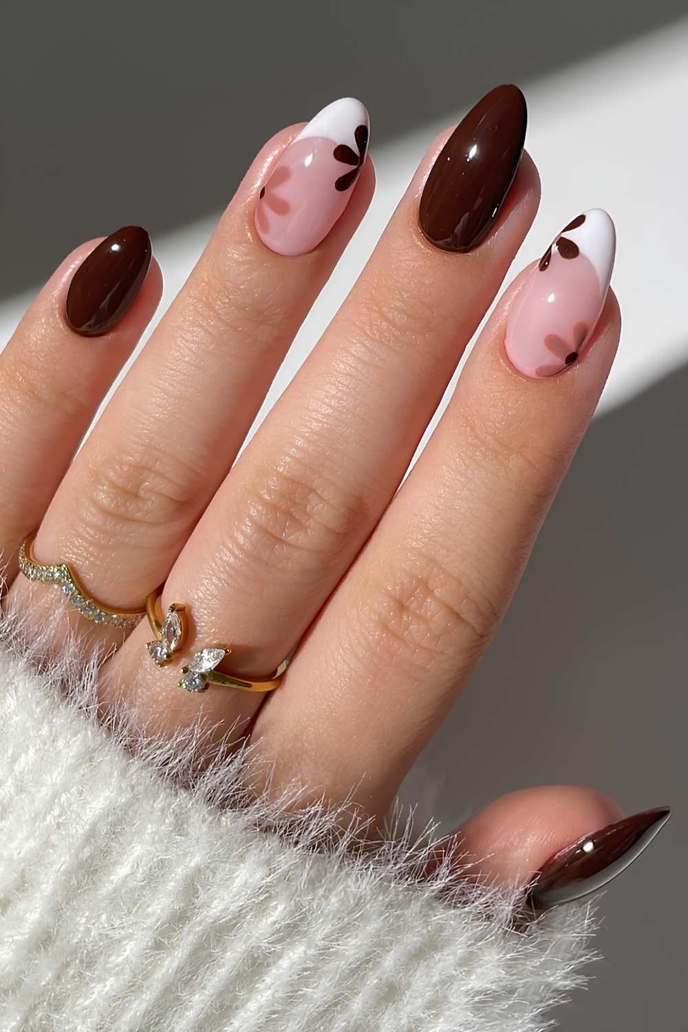 Brown and white fall floral nails