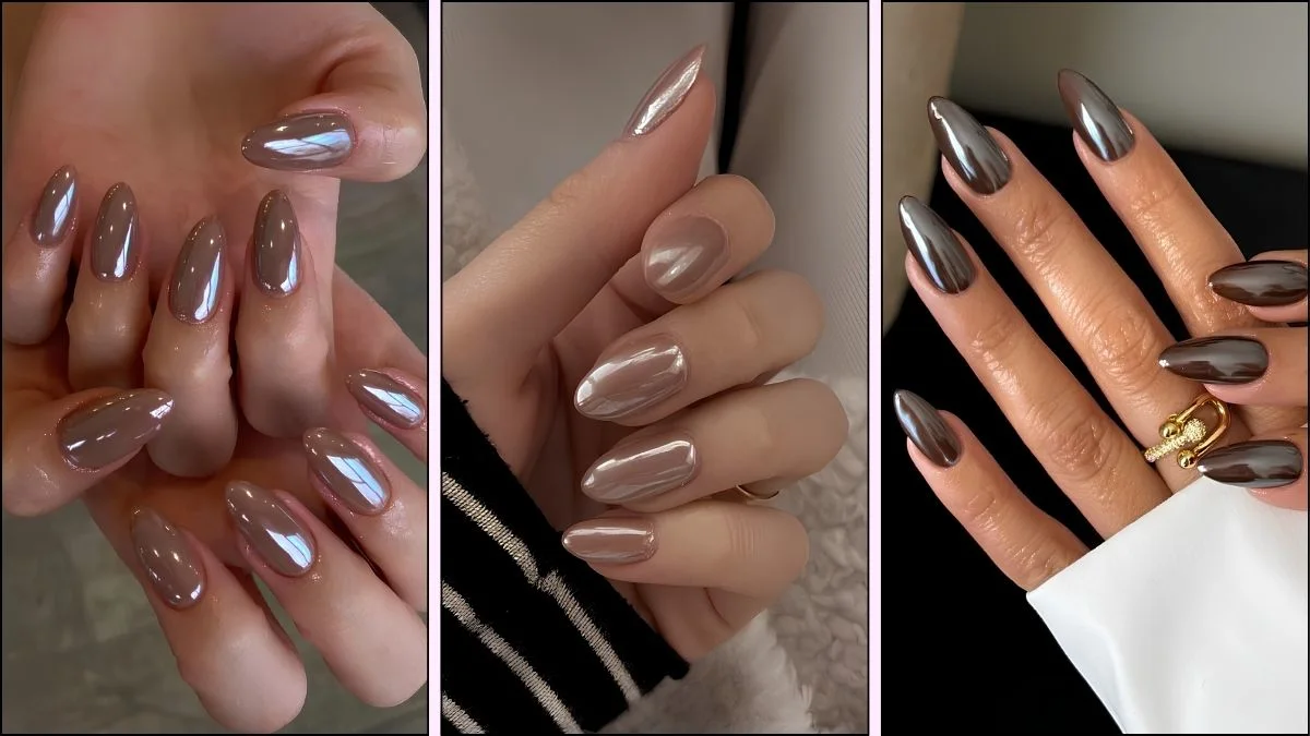 A collage of brown chrome nail designs