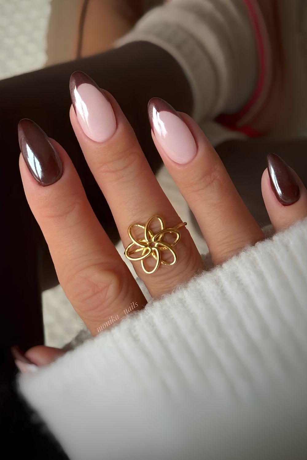 Brown chrome nails with accent French tips