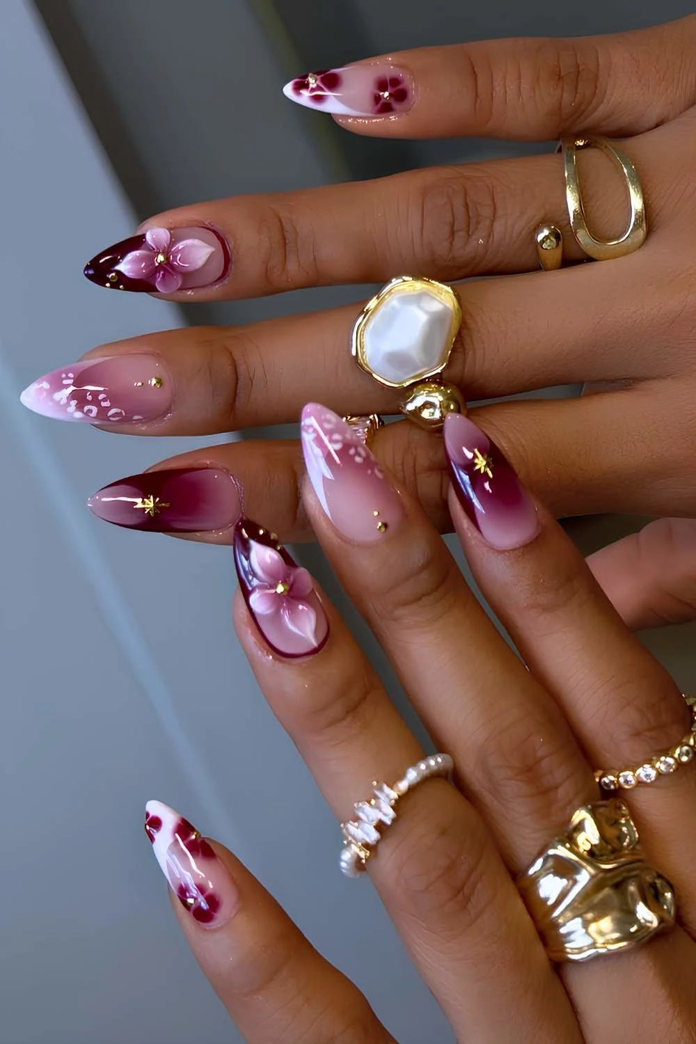 Dark purple and white 3d floral nails