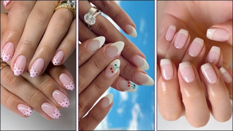 A collage of deep French tip manicures