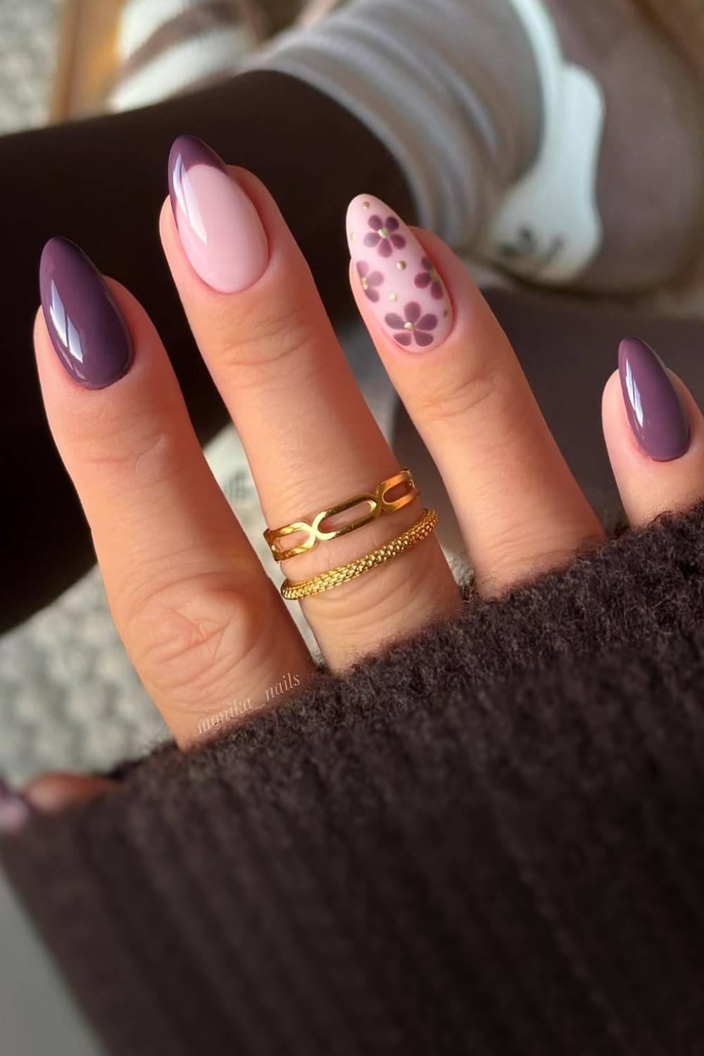 Dusty purple nals with floral art