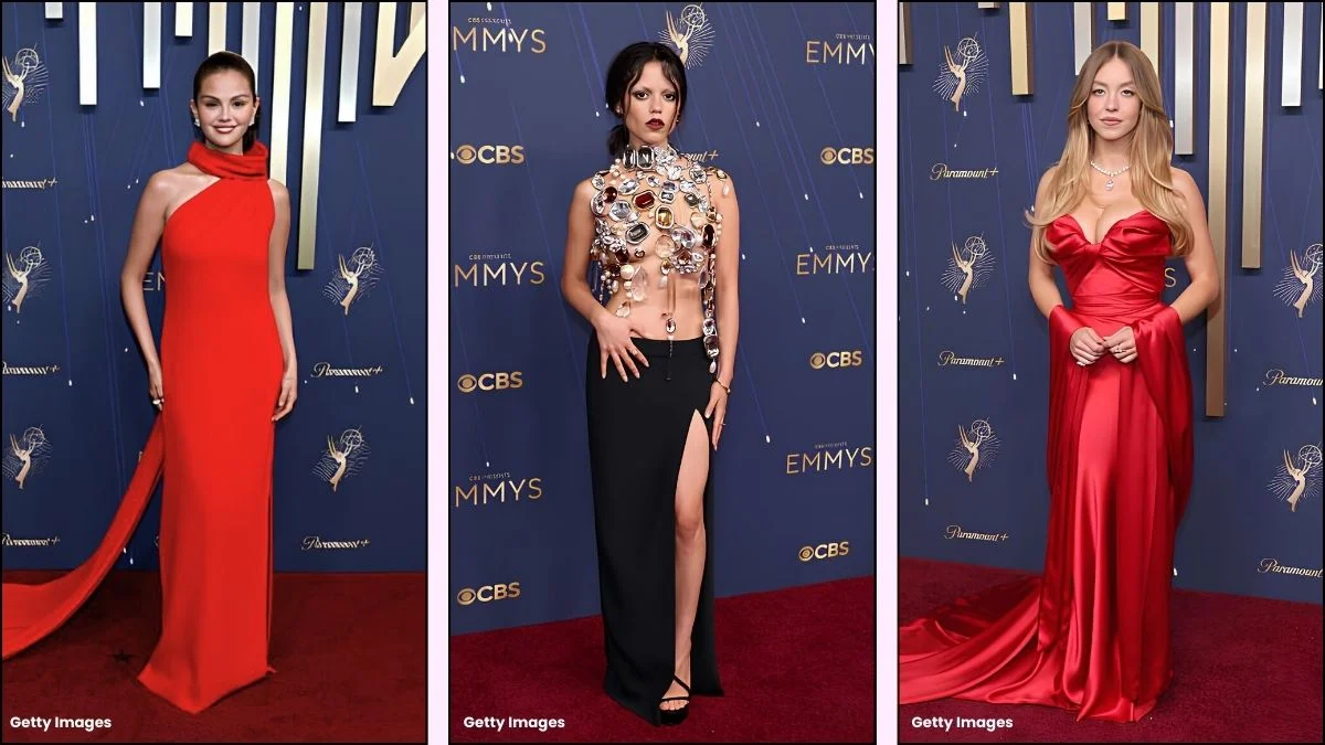 A collage of Emmy awards outfits