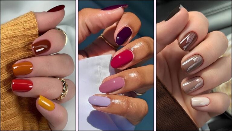A collage of fall skittle nail designs