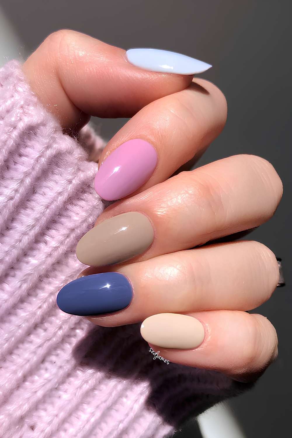 Fall skittle nails in pink blue and neutral tones