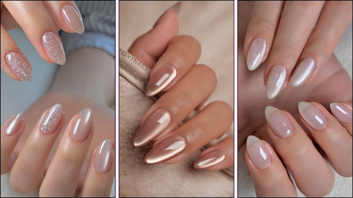 A collage of glass effect manicures