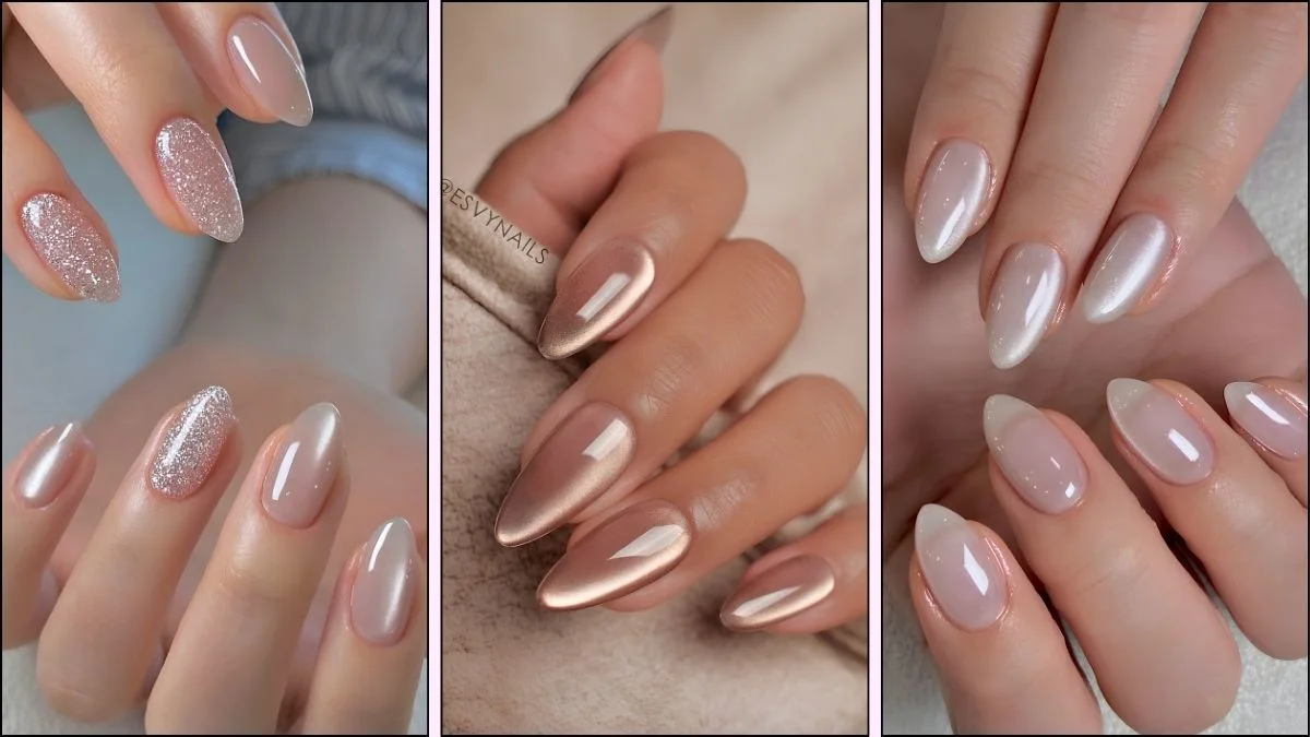 A collage of glass effect manicures