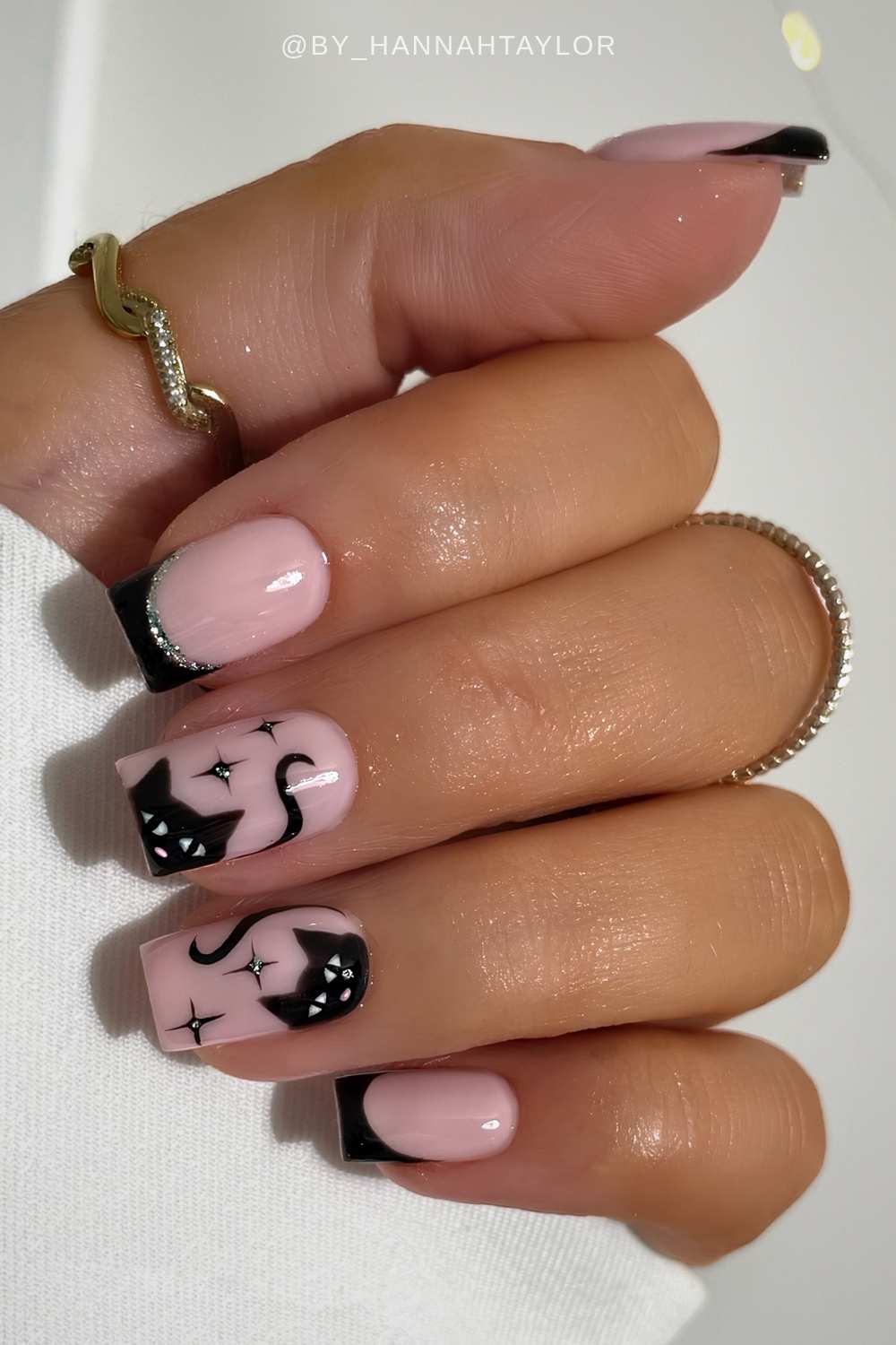 Halloween French mani with black cat art