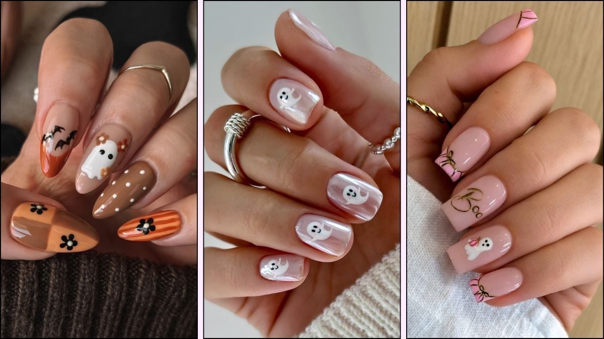A collage of Halloween nail designs