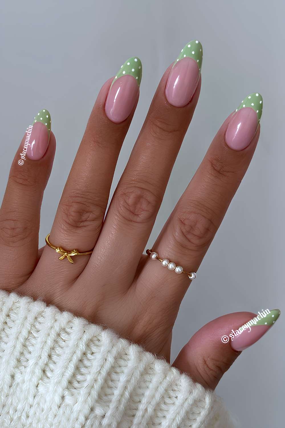 Light green French mani with polka dots