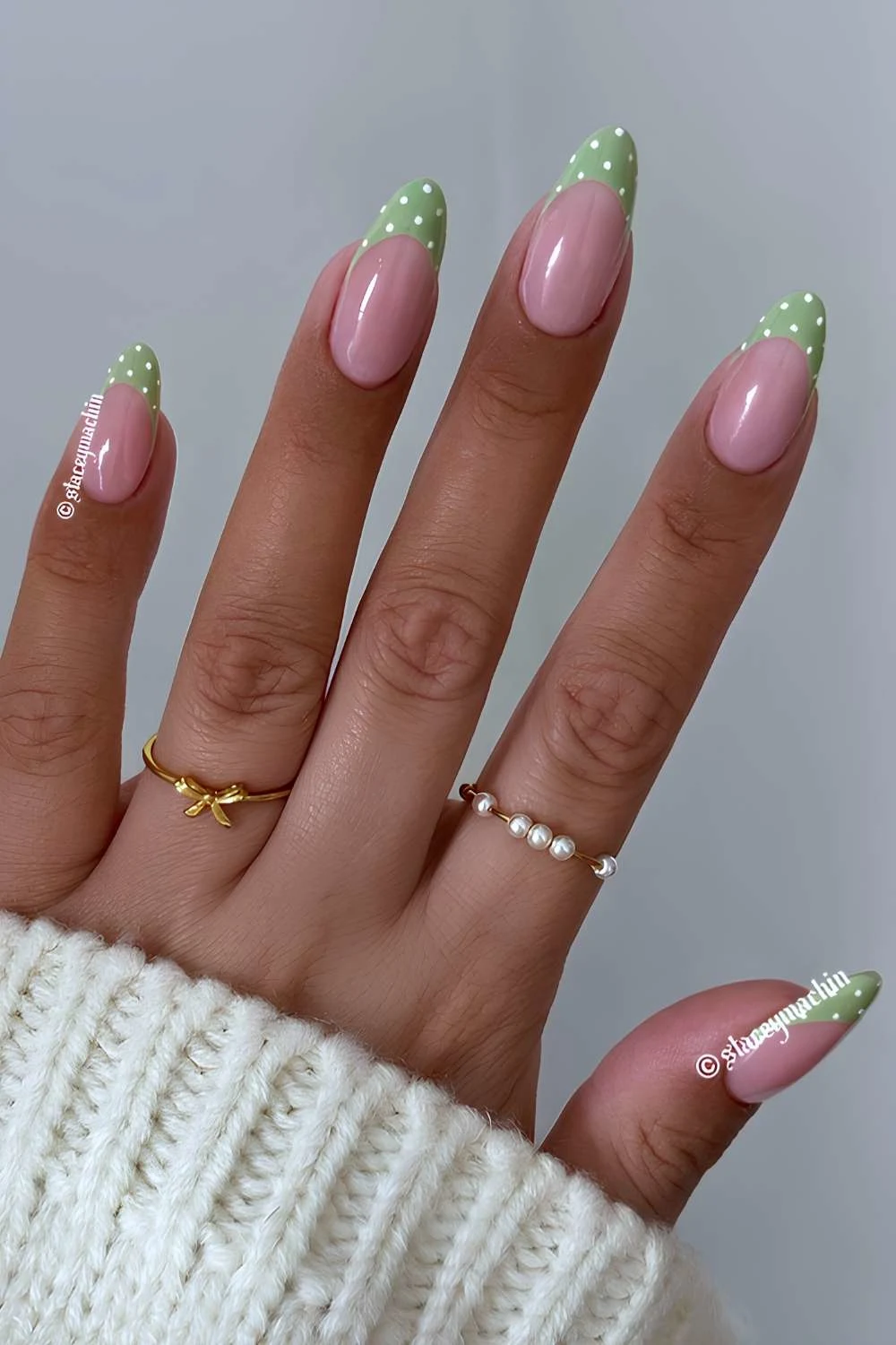 Light green French mani with polka dots