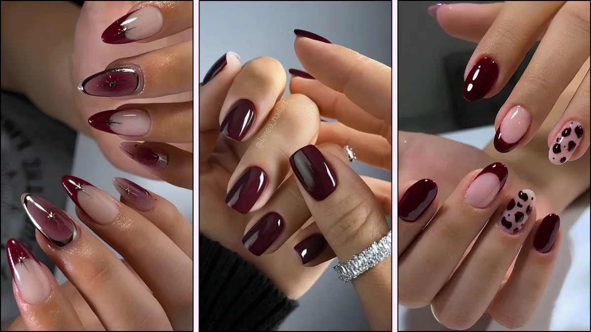 A collage of maroon nail designs