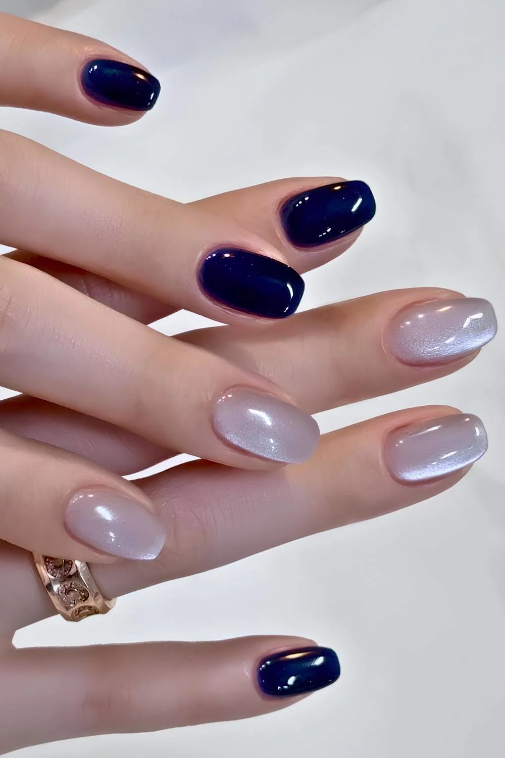 Navy blue mani with accent glass nails