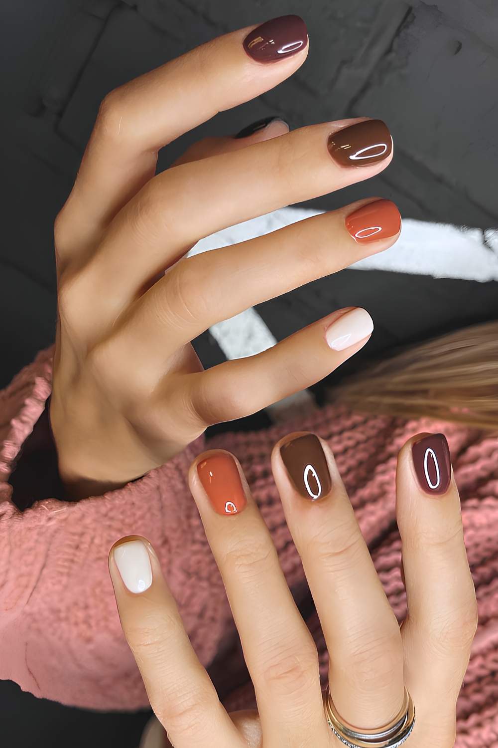 Orange and brown skittle mani for Thanksgiving
