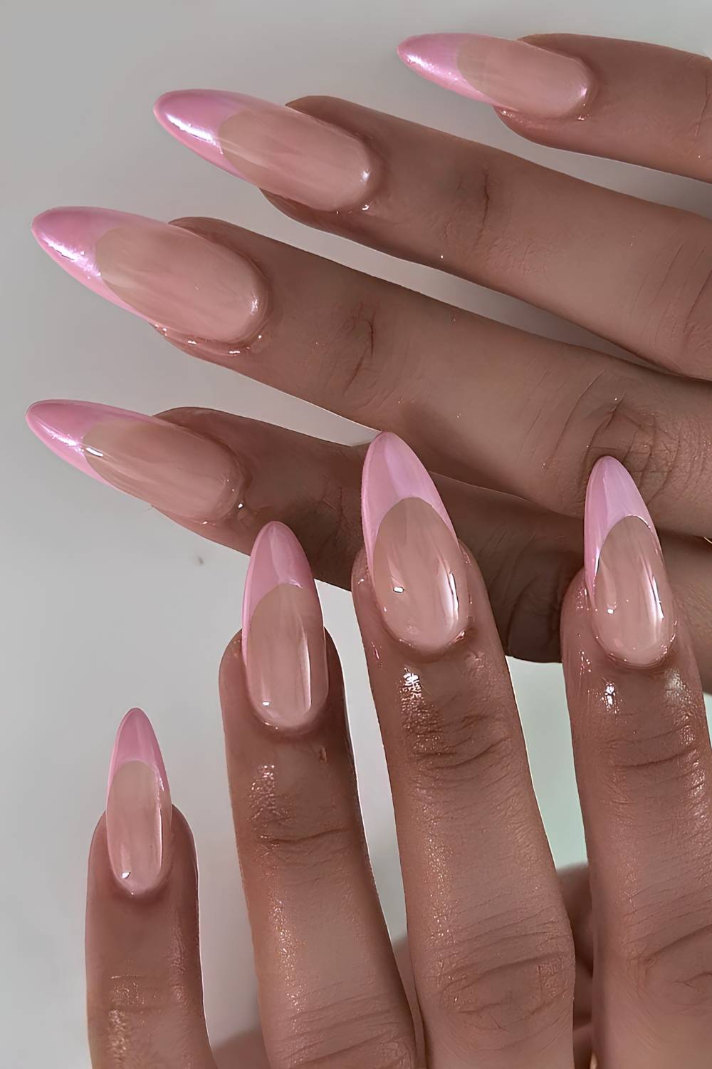 Pink deep French nails with chrome finish
