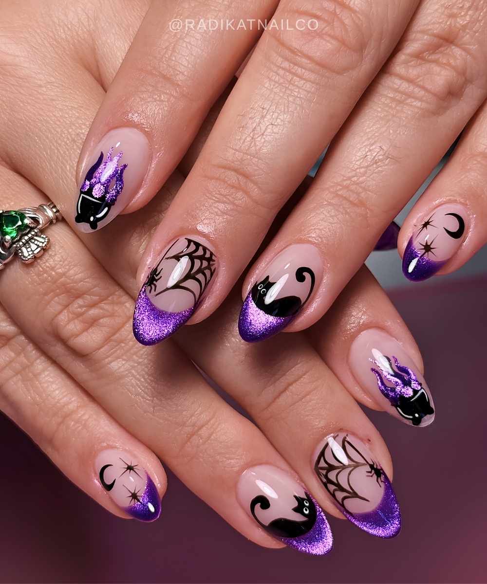 Purple cat eye witchy French manicure