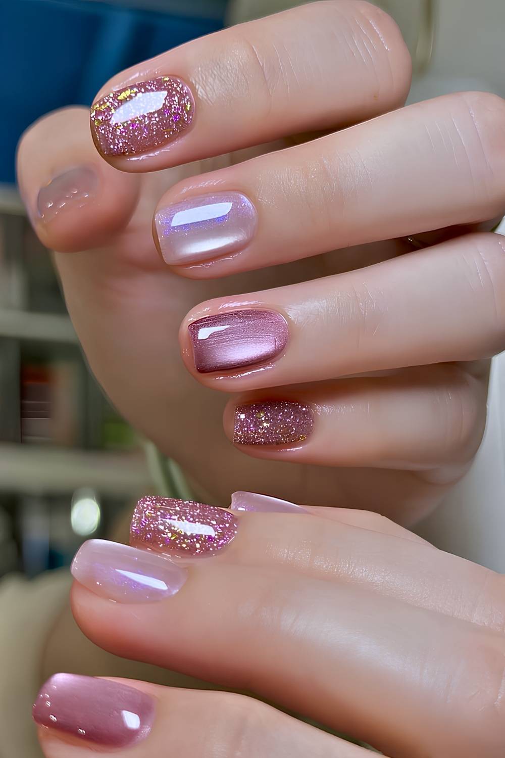 Purple glass nails with glitter accents