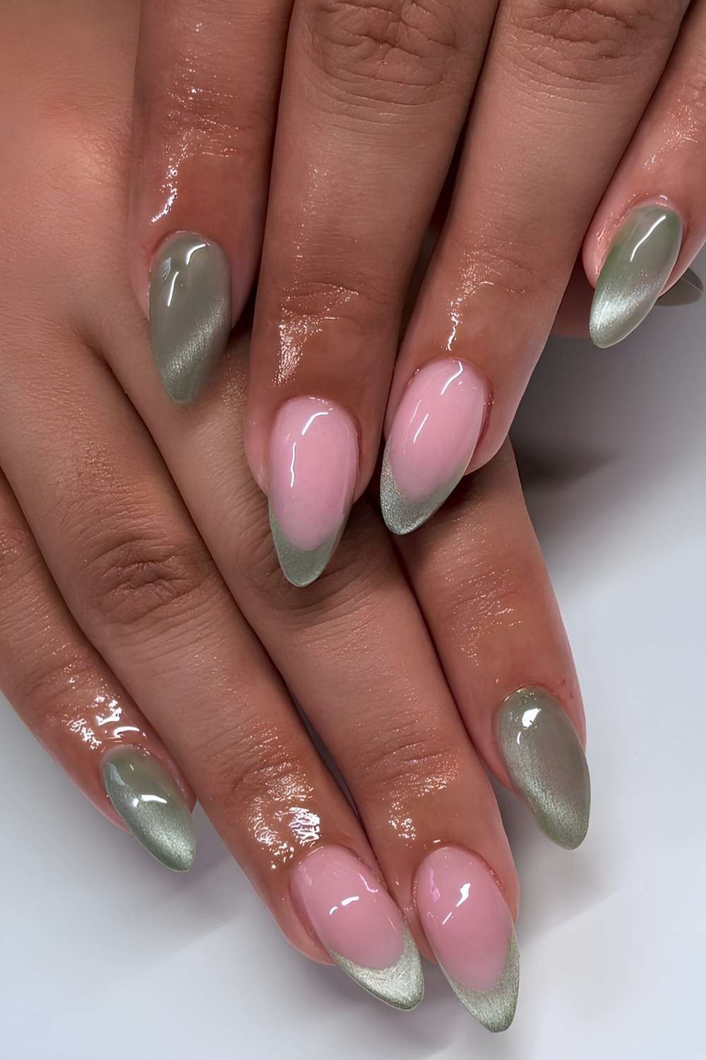 Sage green cat eye manicure