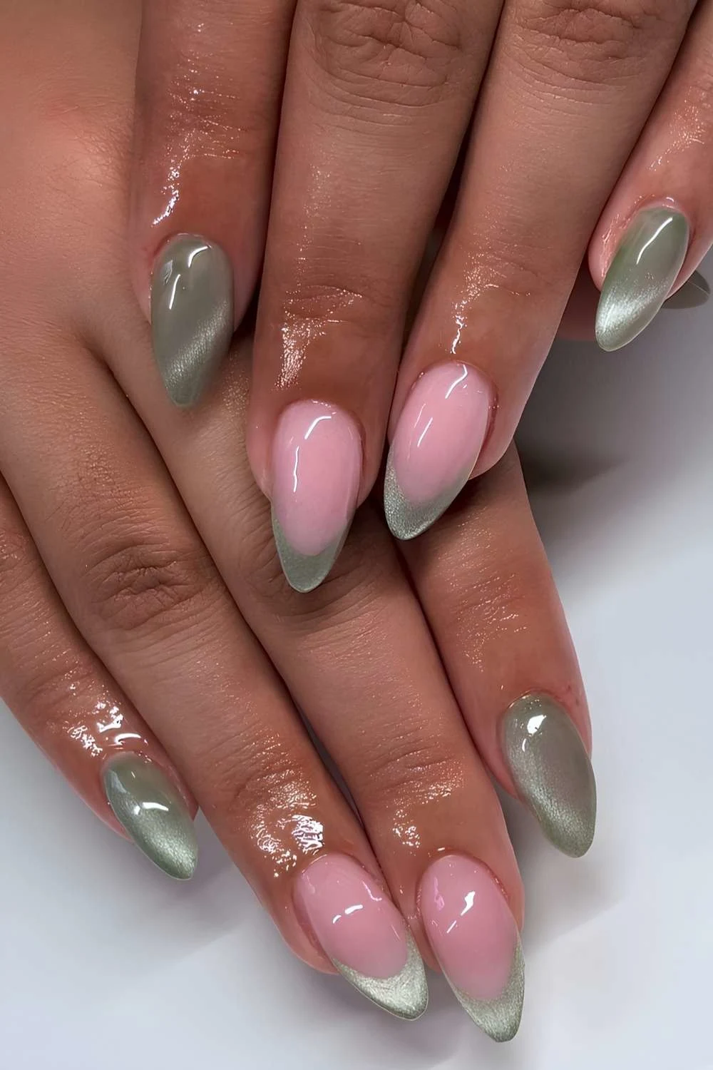 Sage green cat eye manicure