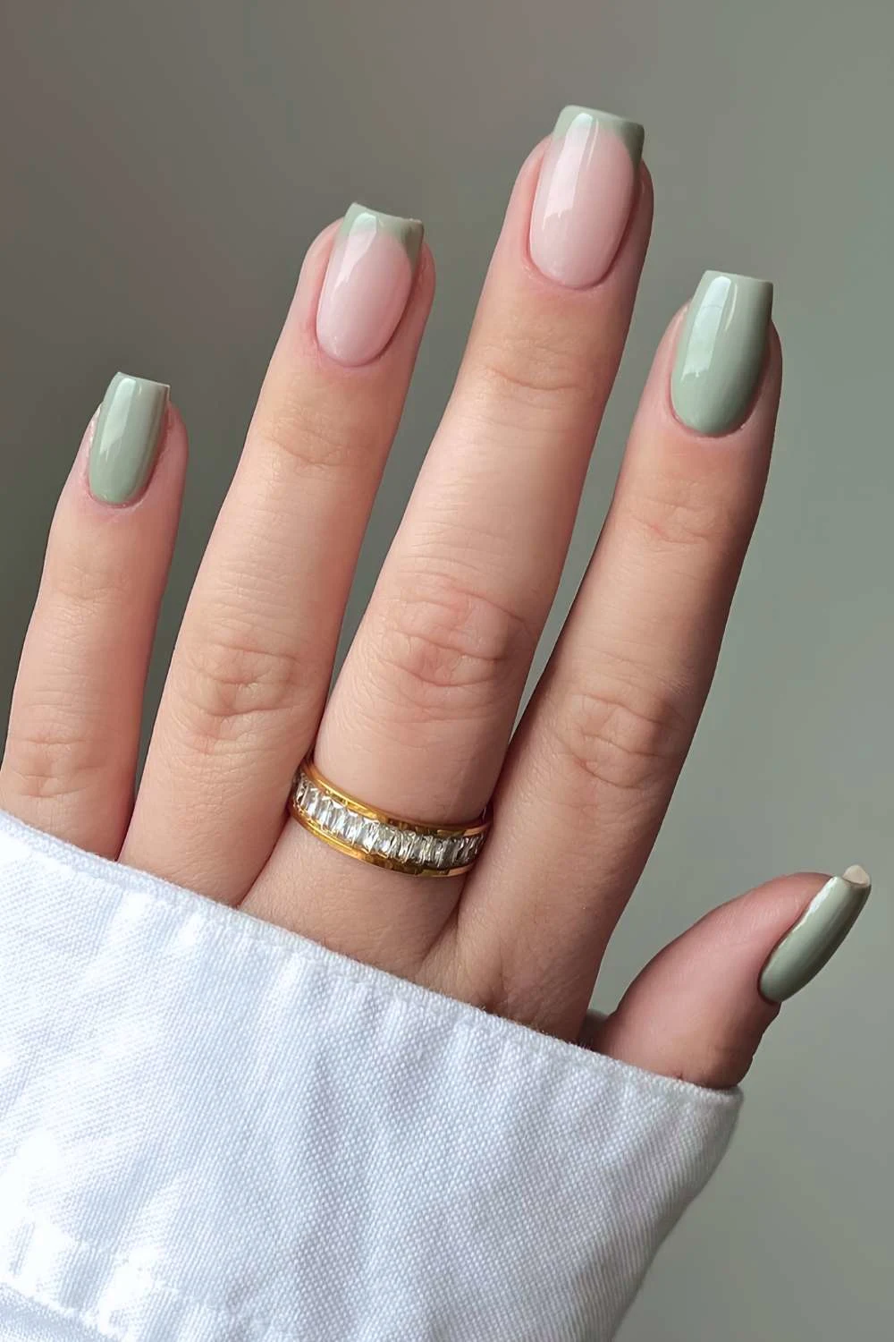 Sage green mani with accent French tips