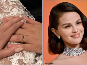 A collage of selena Gomez's wedding nails