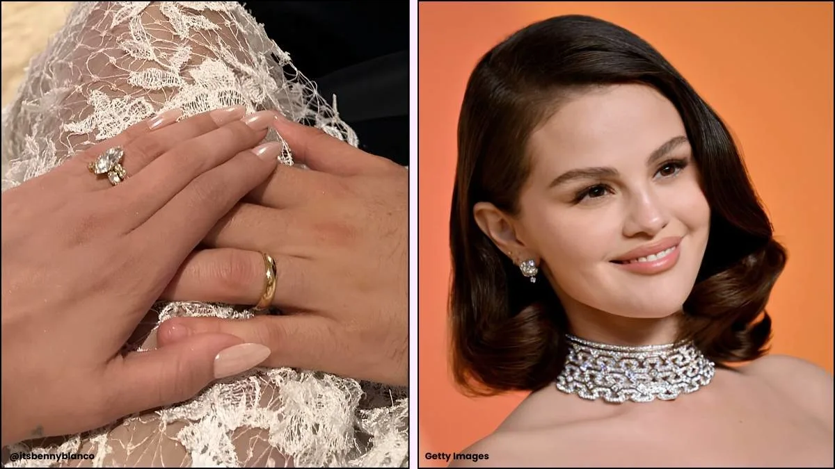A collage of selena Gomez's wedding nails