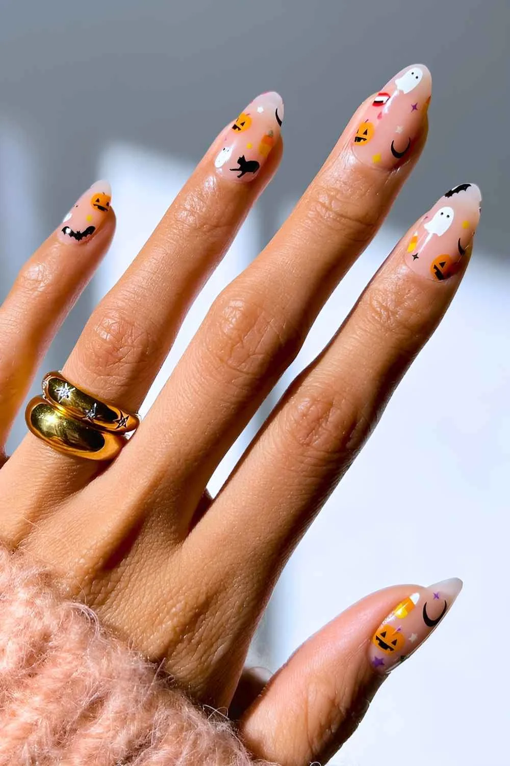 Sheer nails with micro Halloween art