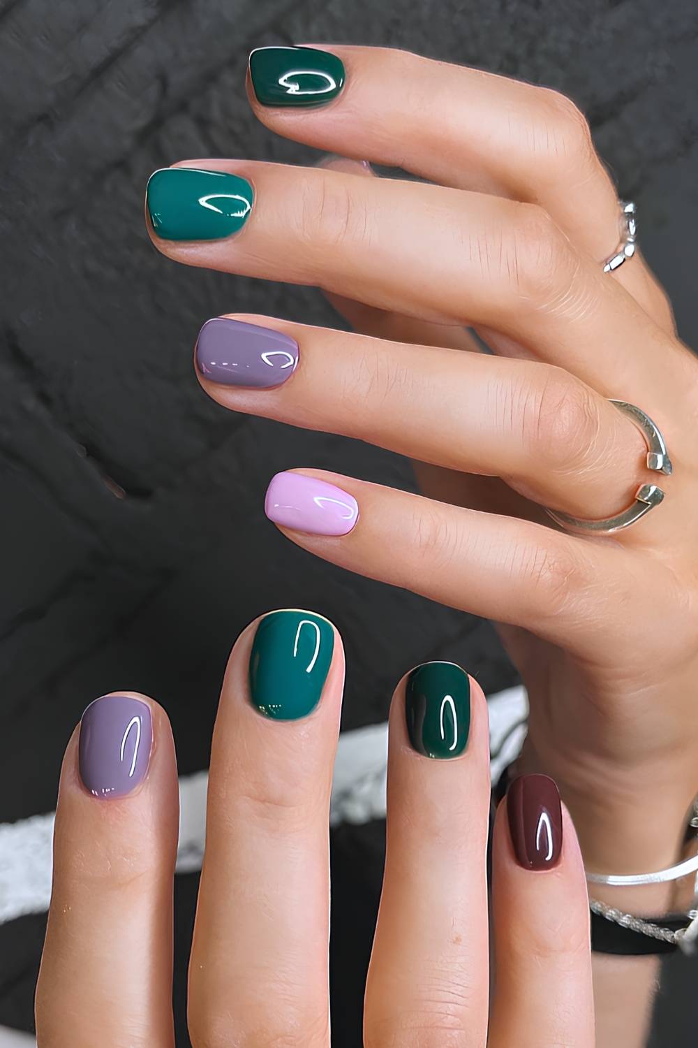 Skittle nails in green, purple and pink tones