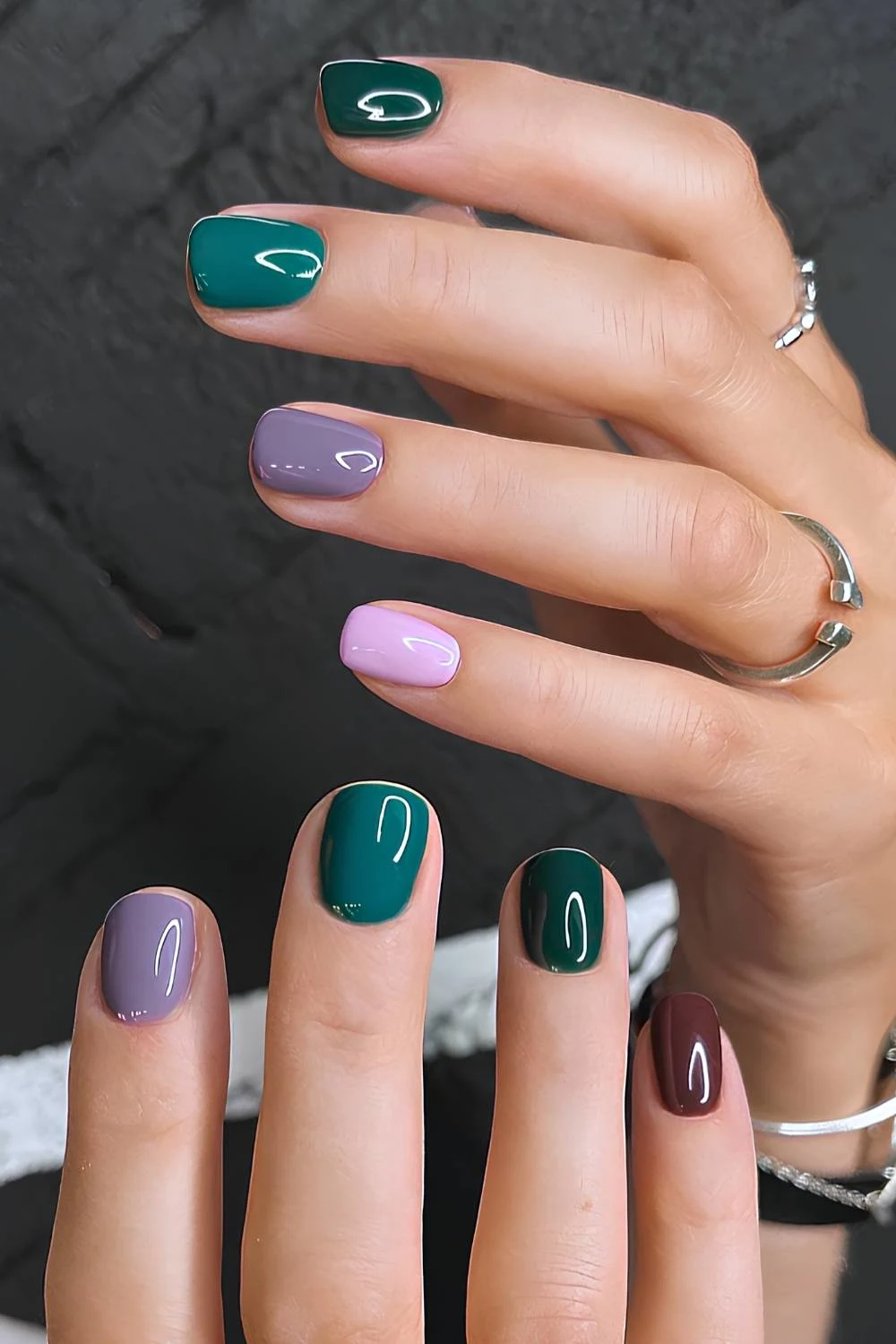 Skittle nails in green, purple and pink tones