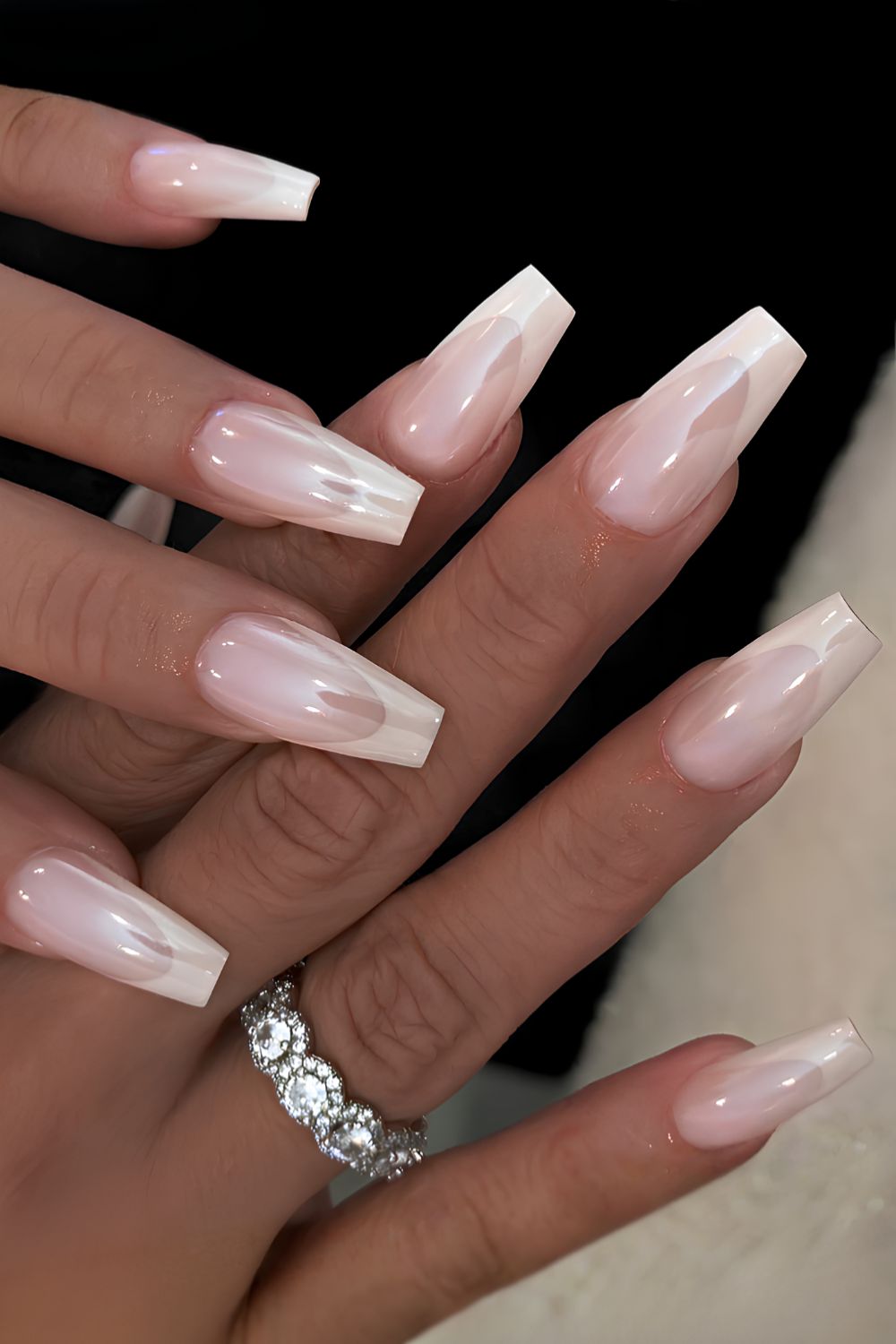 Square white French nails with chrome finish